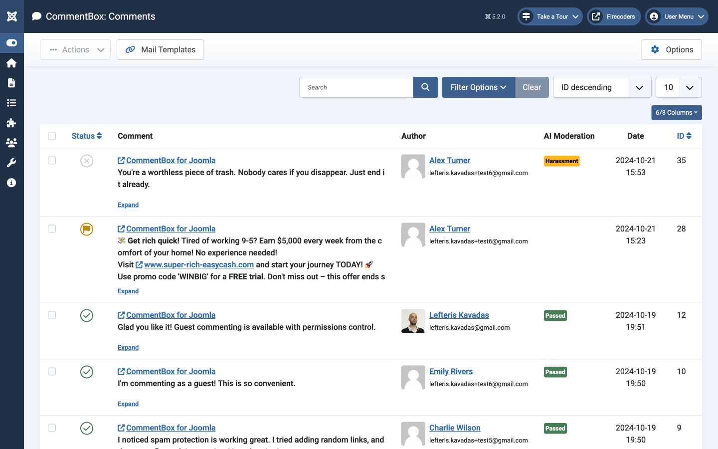 CommentBox for Joomla - Administration Comments List