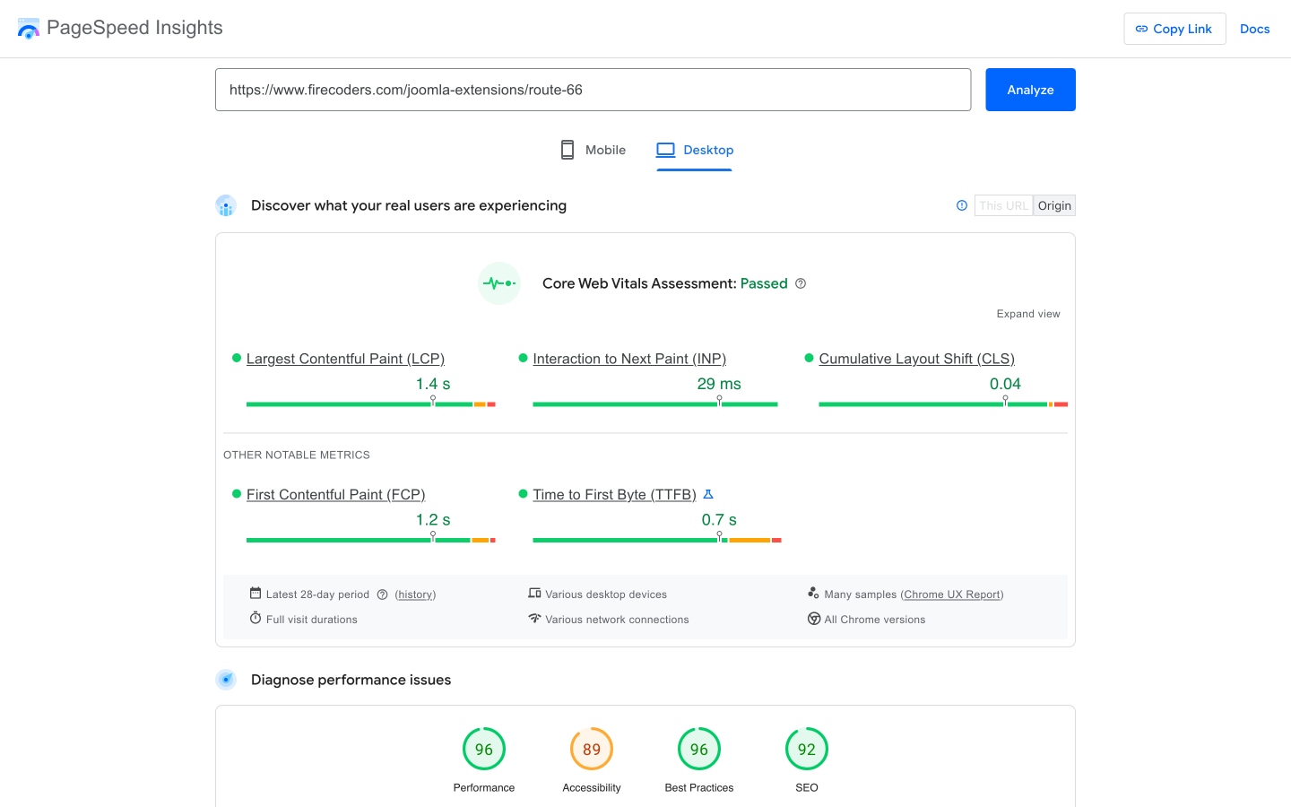 Route 66 for Joomla - Google Lighthouse/PageSpeed
